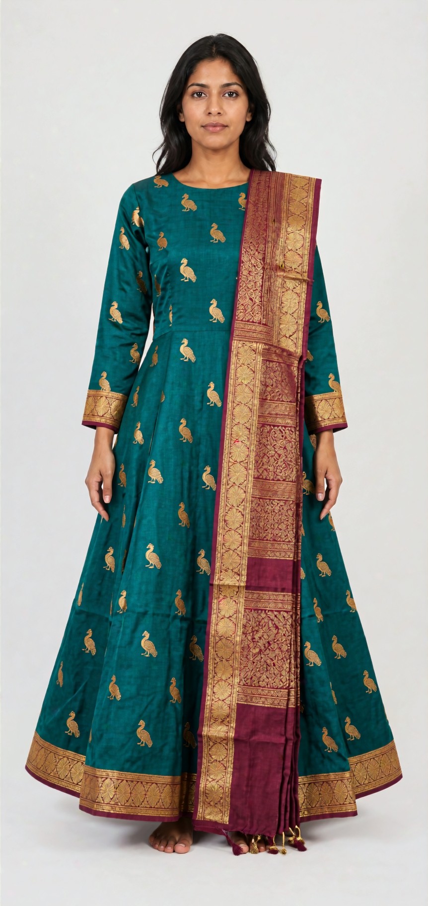 An heirloom teal saree redesigned as an anarkali, worn by its next owner